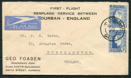 1937 South Africa First Seaplane Flight Cover Durban - England - Poste Aérienne
