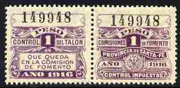 Argentine Republic - Santa Fe Province 1916 Revenue 1 Peso Purple Se-tenant Pair Unmounted Mint - Ungebraucht