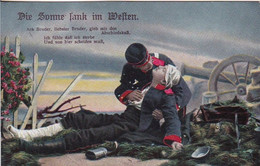 AK Die Sonne Sank Im Westen - Deutscher Soldat Mit Verwundetem - Kanone - Patriotika - Feldpost Dahme 1915 (57222) - War 1914-18