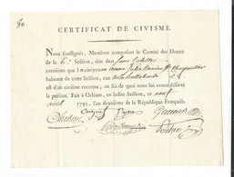 Orléans  Certificat De Civisme Pour La Femme Charpantier , Née Benoist 9 Avril 1793 - Documents Historiques