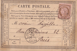 25050# CERES N°58 CARTE PRECURSEUR Obl PARIS RUE ST ANTOINE 1876 Cote 160 Euros - Cartoline Precursori
