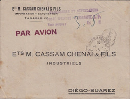 MADAGASCAR - TANANARIVE - GRIFFE POSTE AERIENNE TANANARIVE TAXE PERCU 3F50 - LE 15-3-1945 - PUCE DE CENSURE POUR DIEGO-S - Aéreo
