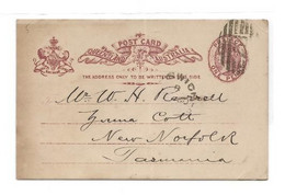 E.P.Postal Stationery Queensland Card 1p. Brred Own On Light Cream, Cancelled Ipswich 5 Ju. 1896 To New Norfolk  (Tasman - Covers & Documents