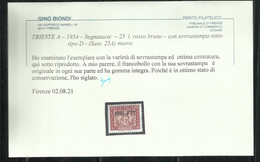 TRIESTE A 1954 AMG-FTT NUOVO TIPO DI SOPRASTAMPA OVERPRINTED SEGNATASSE POSTAGE DUE TASSE TAXE LIRE 25 MNH CENTRATO - Postage Due