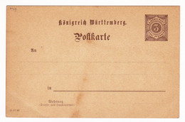 Allemagne Württemberg Entier Postal Postkarte - Enteros Postales