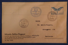 E8 SUISSE BELLE LETTRE 1939 POSTE AERIENNE ZURICH PAVILLON POUR KARLSRUHE SIGNEE AU DOS + ICARUS - Andere & Zonder Classificatie