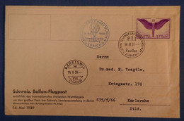 E8 SUISSE BELLE LETTRE 1939 POSTE AERIENNE BALLON ZURICH PAVILLON POUR KARLSRUHE SIGNEE AU DOS - Altri & Non Classificati