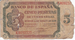 BILLETE DE ESPAÑA DE 5 PTAS DE BURGOS DEL AÑO 1938 SERIE K  (BANKNOTE) - 5 Peseten