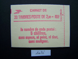 2274-C4 CONF. 8 CARNET DATE DU 23.6.83 FERME 20 TIMBRES LIBERTE DE GANDON 2,00 ROUGE CODE POSTAL (BOITE B) - Moderne : 1959-...