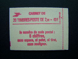 2274-C4a CONF. 8 CARNET FERME 20 TIMBRES LIBERTE DE GANDON 2,00 ROUGE CODE POSTAL (BOITE B) - Unclassified