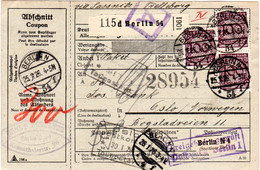 DR 1926, MeF 3x100 Pf. Auf Paketkarte V. Berlin Via Sassnitz N. Norwegen. - Non Classificati
