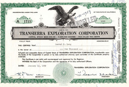 Titre De Bourse Transierra Exploration Corporation - San Francisco 1959. - Industry