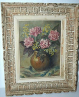 TABLEAU NATURE MORTE HST De M.FRANCOUR 45 Cadre MONTPARNASSE Déco Collection Bouquet De Fleurs Vases Peinture - Olii