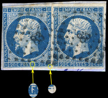 France - Yv.14A 20c Bleu Type I Var. "POSTFS" Position 086D2 (3è état) (au Filet à Gauche) Avec 2nd Yv.14 TB /fragment - 1853-1860 Napoléon III