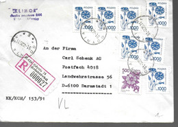 POLOGNE Lettre Recommandée 1991 Fleurs - Máquinas Franqueo (EMA)