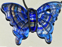 COLLIER PENDENTIF RAS De COU PAPILLON VERRE DE MURANO BLEU Avec Inclusions XXe Collection Bijou Vintage - Kettingen