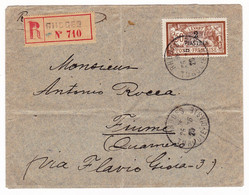 Lettre Recommandée 1920 Rhodes Cachet Rhodes Turquie Asie ​​​​​​​Cargo Vapeur Sidi Abdallah Bureaux Levant Fiume Croatie - Cartas & Documentos