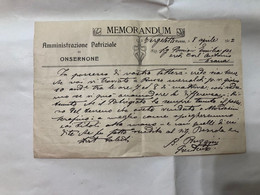 MEMORANDUM  AMMINISTRAZIONE ONSERNONE VERGELLETTO RUSSO 1912 CON AUTOGRAFO - Manuscripts