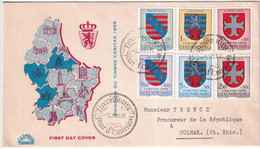 LUXEMBOURG - 1958 - SERIE COMPLETE ARMOIRIES YVERT 553/558 Sur ENVELOPPE RECOMMANDEE FDC => COLMAR - FDC