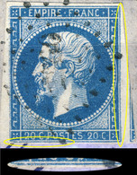 France - Yv.14A 20c Bleu T. I Planché 001G2 - Oblitéré TB Sur Petit Fragment - 1853-1860 Napoléon III