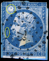 France - Yv.14A 20c Bleu T. I Variété "tache Blanche" Non Planché - Obl Pc 73 (LES ANDELYS) Défectueux /petit Fragment - 1853-1860 Napoleon III