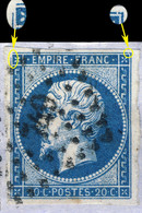 France - Yv.14A 20c Bleu T. I Planché 036D4 - Obl Pc 749 (CHARLEVILLE) TB Sur Petit Fragment - 1853-1860 Napoléon III