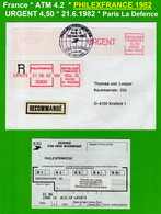 France ATM Vignette LSA 92954 / Michel 4.2 / URGENT 4,50 + LS09 4,50 On R-cover / PHILEXFRANCE 82 / Distributeurs Frama - 1981-84 Types « LS » & « LSA » (prototypes)