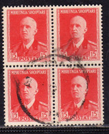 ALBANIA 1939 - 1940 RE VITTORIO EMANUELE II 15q QUARTINA BLOCK USATO USED OBLITERE' - Albania