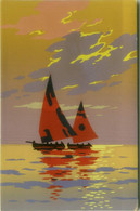 MESCHINI SIGNED 1930s HAND PAINTED / DIPINTA A MANO / POCHOIR POSTCARD - BOAT & SUNSET - ARS NOVA  (1775) - Chiostri, Carlo