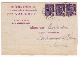 Lettre Amiens 1944 Somme Vasseur Sellerie Bourrellerie Carrosserie Bande De 3 Timbres Mercure - 1938-42 Mercurio