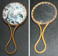 Rare Ancien Miroir De Poche Ou Sac, Face à Main Avec Médaillon En Porcelaine De Limoges, Décor Végétal Japonisant - Accessoires