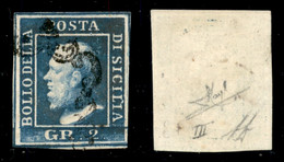 Antichi Stati Italiani - Sicilia - 1859 - 2 Grana (8c - Azzurro Vivo) Usato - Molto Bello - Diena + Raybaudi - Andere & Zonder Classificatie