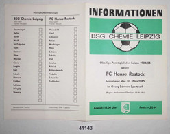 Fußball Programm Informationen BSG Chemie Leipzig - FC Hansa Rostock, 30. März 1985 - Sport