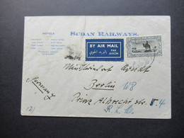 GB Kolonie 1930er Jahre Sudan Air Mail Umschlag Sudan Railways Hotels Khartoum Grand Hotel / Travel In The Sudan - Sudan (...-1951)