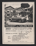 Pub Papier 1949 Automobile Voiture PEUGEOT 203 Voiture Salon - Reclame