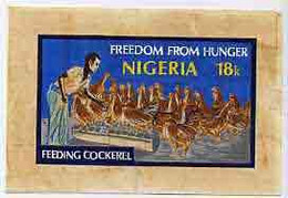 Nigeria 1974, Freedom From Hunger - Original Hand-painted Artwork For 18k Value (Feeding Cockrels) By Unknown Artist - ACF - Aktion Gegen Den Hunger