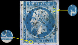 France - Yv.14A 20c Bleu T.I Planché 133G3 Oblitéré B (touché Au Coin Supérieur Droit) Sur Petit Fragment - 1853-1860 Napoléon III