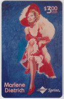 USA -  Marlene Dietrich: In Red Dress & Hat (Artist: Perillo) ,Sprint Prepaid Card $3, Tirage 2.000, Used - Sprint