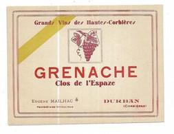 Etiquette DURBAN AUDE Grands Vins Des Hautes Corbieres -  Eugene Mailhac - Clos De L'espaze Grenache - Languedoc-Roussillon