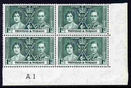 Trinidad & Tobago 1937 KG6 Coronatio 1c Corner Plate Block Of 4 (plate A1) U/M (plate Numbers Are Surprisingly Scarce On - Trinité & Tobago (1962-...)