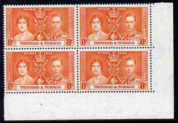 Trinidad & Tobago 1937 KG6 Coronatio 8c Corner Plate Block Of 4 (part Plate Number) U/M (plate Numbers Are Surprisingly - Trinité & Tobago (1962-...)