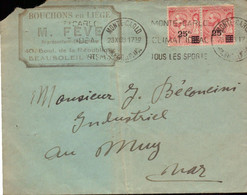Lettre Surchargé, Monaco, Beausoleil, Fabrique De Bouchons Et Liege (M. Feve) Pour Le Var, Le Muy  (bon Etat) - Postmarks