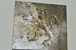 BELLE GRANDE PLAQUE MATRICE IMPRIMERIE ACIER GRAND LION HERALDIQUE LION RAMPANT - Stempel & Siegel