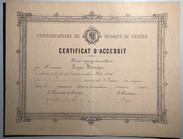 CONSERVATOIRE DE MUSIQUE DE GENÈVE Certificat D’ Accessit 1896: Wenger(Schweiz Suisse Music Diploma Piano F. Liszt - Diplomi E Pagelle