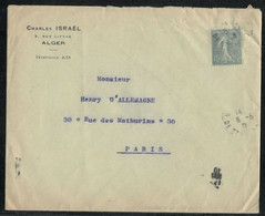 Algeria 1919 - Jewish Judaica Cover France Post Alger CHARLES ISRAEL - Jewish