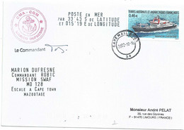 YT 330 - Navire Ravitailleur Marion Dufresne - Lettre Postée à Bord - Paquebot - Mazoutage Au Cap - 16/010/2002 - Storia Postale