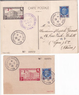 1942 - FOIRE DE LYON - CARTE SPECIALE Avec 2 BLOCS OBLITERES AU DOS ! + 1 BLOC DETACHE ! - OBLITERATION TEMPORAIRE - Expositions Philatéliques