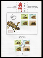 MACAU PRESENTATION SHEET FIRST DAY OBLITERATIONS - PAGELA CARIMBO 1º DIA 1989 Snakes Of Macau (STB7) - Lettres & Documents