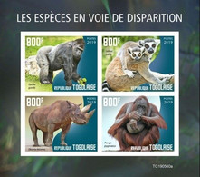 Togo 2019, Animals In Danger, Gorilla, Rhino, 4val In BF IMPERFORATED - Chimpanzees