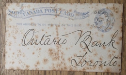 Canada ~ 1892, Old Post Card, Postal Stationery, Perth > Toronto, Bank Of Montreal - Perth